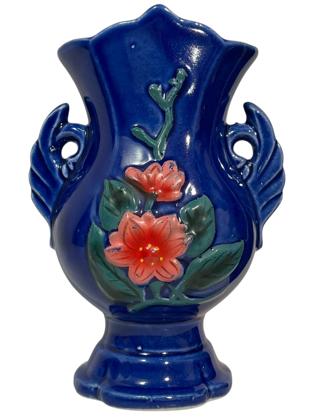 Vintage 1940s Cobalt Blue Ceramic Vase with Hand Painted Pink Embossed Flowers -